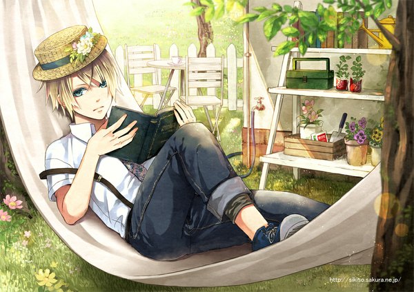 Anime picture 1000x708 with original uzuro yuna single looking at viewer blue eyes blonde hair holding lying on back summer boy plant (plants) hat shirt tree (trees) necktie shoes white shirt book (books) grass