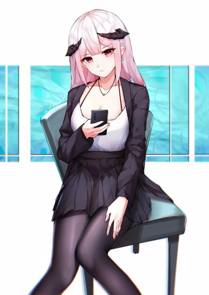 Anime picture 2000x2829 with original leria v single long hair tall image looking at viewer fringe highres breasts red eyes sitting holding payot pink hair cleavage blunt bangs long sleeves head tilt pleated skirt horn (horns)