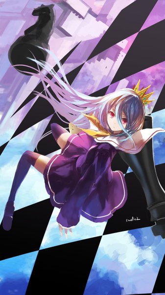 Anime picture 1063x1890 with no game no life madhouse shiro (no game no life) swd3e2 single long hair tall image looking at viewer hair between eyes signed purple hair pink eyes turning head checkered weightlessness girl thighhighs uniform serafuku shoes