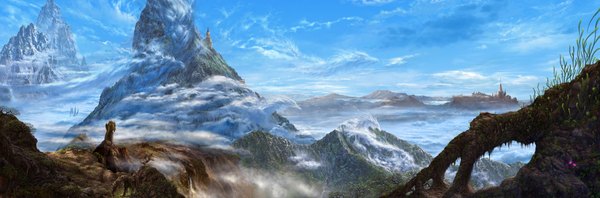 Anime picture 2045x676 with original ucchiey highres wide image sky cloud (clouds) city mountain fantasy flower (flowers) plant (plants) animal wings dragon tower