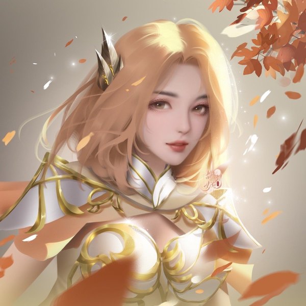 Anime-Bild 1080x1080 mit douluo continent hu liena (douluo dalu) hu liena zhuye single looking at viewer short hair breasts simple background blonde hair smile standing signed upper body outdoors grey background grey eyes girl hair ornament petals leaf (leaves)