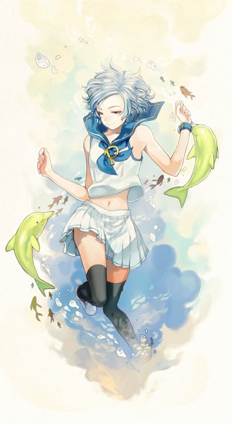 Anime picture 549x1000 with original pixiv-tan naguri single tall image short hair blue eyes simple background smile blue hair looking down girl thighhighs black thighhighs animal serafuku bubble (bubbles) clock pocket watch dolphin