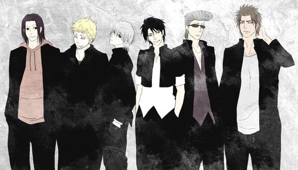 Anime picture 1400x800 with beelzebub studio pierrot oga tatsumi furuichi takayuki toujou hidetora kanzaki hajime himekawa tatsuya natsume shintarou long hair short hair black hair blonde hair simple background smile wide image grey hair open clothes open jacket multiple boys group