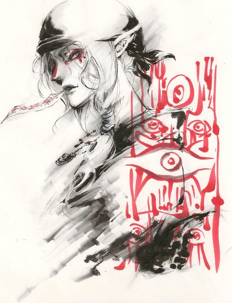 Anime picture 1235x1613 with mononoke toei animation kusuriuri (mononoke) setsu hide single long hair tall image looking at viewer purple eyes traditional clothes japanese clothes pointy ears mouth hold monochrome face paint boy pendant jewelry bandana