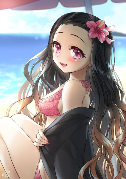 Anime picture 1200x1703 with kimetsu no yaiba ufotable kamado nezuko mono land single long hair tall image looking at viewer blush breasts open mouth light erotic black hair sitting sky cloud (clouds) bent knee (knees) outdoors :d pink eyes
