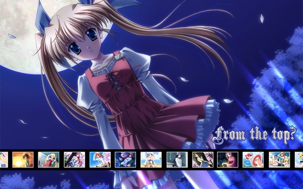 Anime picture 1440x900 with da capo da capo ii long hair looking at viewer blue eyes brown hair wide image twintails sky night dutch angle night sky multiview girl dress plant (plants) tree (trees) moon short dress full moon