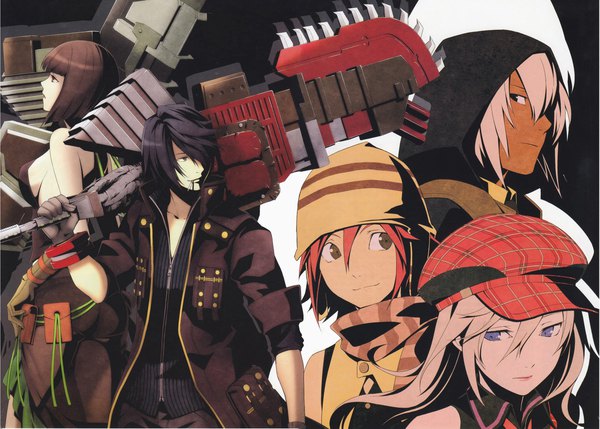 Anime picture 2364x1692 with god eater god eater burst ufotable namco (studio) alisa ilinichina amiella tachibana sakuya fujiki kouta soma schicksal amamiya rindou long hair looking at viewer fringe highres short hair blue eyes black hair smile red eyes standing bare shoulders