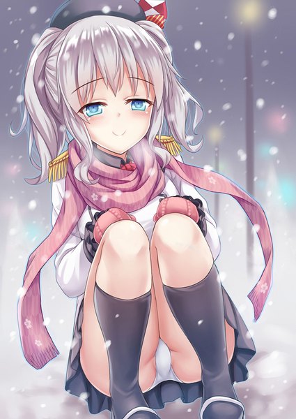 Anime picture 709x1002 with kantai collection kashima training cruiser shimokirin single long hair tall image blush blue eyes light erotic smile silver hair pleated skirt snowing winter snow squat exhalation girl skirt uniform