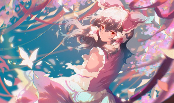 Anime picture 2073x1235 with touhou hakurei reimu azusa0v0 single long hair fringe highres black hair hair between eyes red eyes wide image looking away wind girl ribbon (ribbons) bow hair bow insect butterfly hair tubes