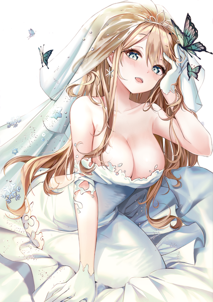 Anime picture 2894x4093 with girls frontline suomi kp31 (girls frontline) buri (retty9349) single long hair tall image looking at viewer blush fringe highres breasts open mouth blue eyes light erotic simple background blonde hair hair between eyes large breasts white background sitting