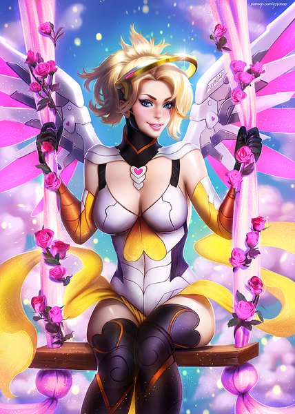 Anime picture 714x1000 with overwatch blizzard entertainment mercy (overwatch) ayyasap single tall image looking at viewer blush fringe short hair blue eyes light erotic blonde hair smile sitting signed sky cloud (clouds) lips realistic