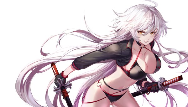 Anime picture 3500x2000 with fate (series) fate/grand order jeanne d'arc (fate) (all) jeanne d'arc alter (fate) jeanne d'arc alter (swimsuit berserker) (fate) oso 5425 single looking at viewer blush fringe highres breasts light erotic simple background smile hair between eyes wide image large breasts white background holding