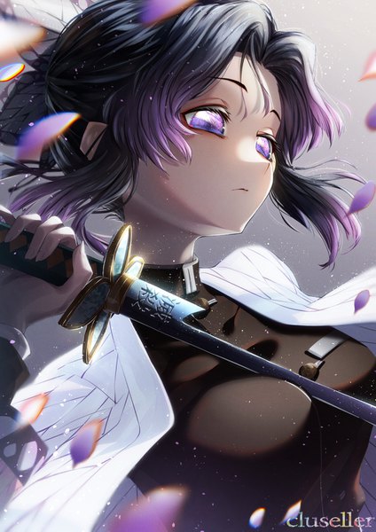 Anime picture 1063x1505 with kimetsu no yaiba ufotable kochou shinobu cluseller single tall image fringe short hair breasts black hair simple background purple eyes holding signed payot looking away purple hair upper body traditional clothes japanese clothes