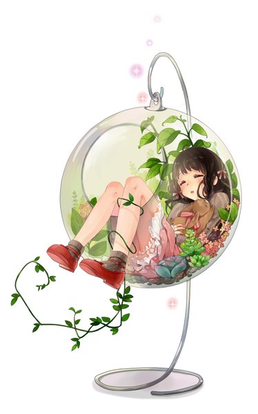 Anime picture 1200x1924 with original cakeicake single long hair tall image blush open mouth brown hair white background bent knee (knees) lying braid (braids) eyes closed hug single braid sleeping girl flower (flowers) ribbon (ribbons) hair ribbon