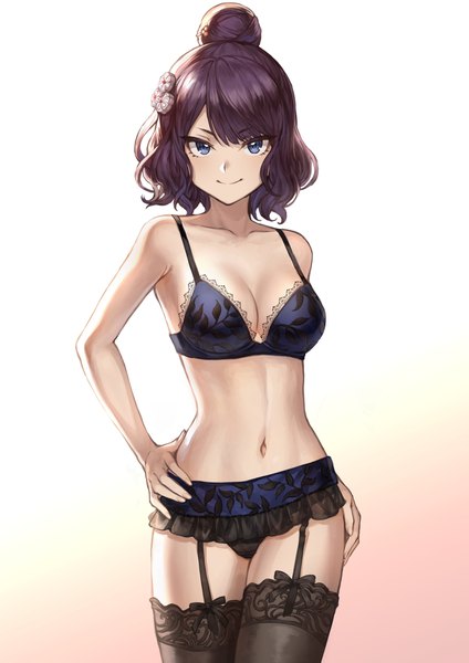 Anime picture 1302x1842 with fate (series) fate/grand order katsushika hokusai (fate/grand order) mashuu (neko no oyashiro) single tall image looking at viewer fringe short hair breasts blue eyes light erotic simple background smile hair between eyes standing cleavage purple hair hair bun (hair buns) hand on hip