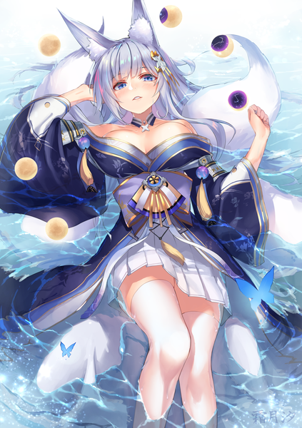 Anime picture 1000x1417 with azur lane shinano (azur lane) shimozuki shio single long hair tall image looking at viewer blush fringe breasts open mouth blue eyes light erotic large breasts bare shoulders animal ears cleavage silver hair tail lying