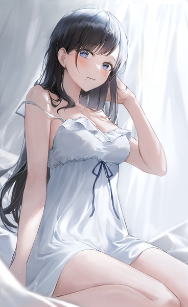 Anime picture 3652x5953 with original 2sham single long hair tall image looking at viewer blush fringe highres breasts blue eyes black hair large breasts sitting absurdres cleavage indoors parted lips arm up mole