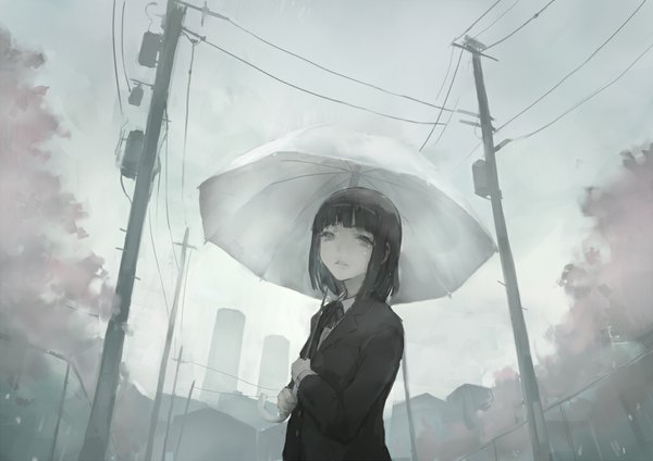 Anime picture 1023x723 with original toritoritottori single short hair black hair sky rain girl uniform school uniform umbrella wire (wires) power lines