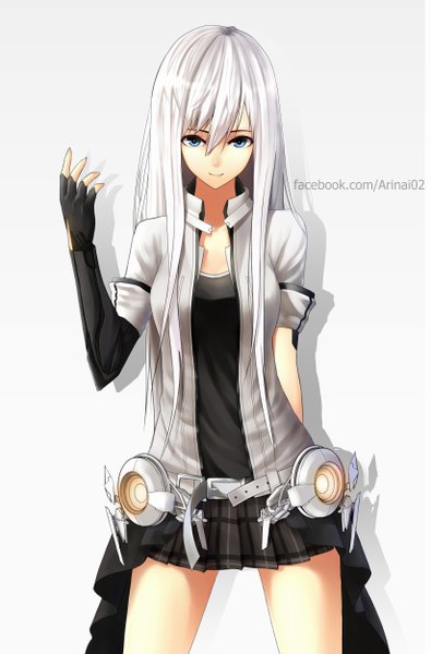 Anime picture 1645x2500 with original ariinine single long hair tall image looking at viewer blue eyes white background white hair shadow girl skirt jacket belt fingerless gloves