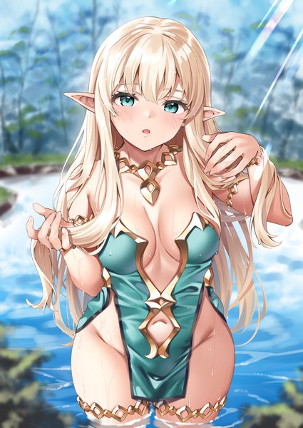 Anime picture 2507x3541 with original ebifurya single long hair tall image looking at viewer blush fringe highres breasts open mouth light erotic blonde hair large breasts standing outdoors blunt bangs arm up aqua eyes pointy ears