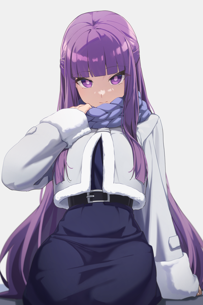 Anime picture 1507x2258 with sousou no frieren fern (sousou no frieren) reulem single long hair tall image looking at viewer fringe simple background sitting purple eyes purple hair blunt bangs grey background half updo girl scarf