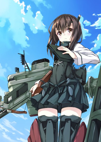 Anime picture 1000x1412 with kantai collection taihou armored aircraft carrier ochikochi (totika) single tall image looking at viewer blush short hair black hair brown eyes sky cloud (clouds) girl weapon