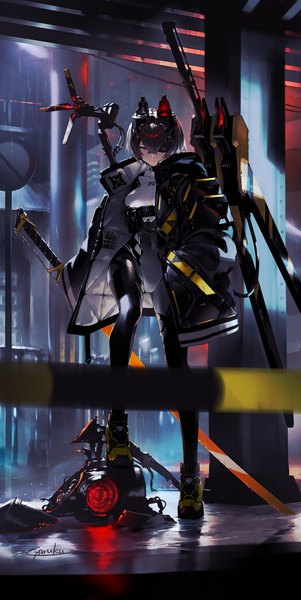Anime picture 1724x3432 with original garuku single tall image looking at viewer fringe highres short hair black hair hair between eyes red eyes standing signed full body open jacket standing on one leg hand in pocket serious mecha musume girl