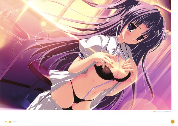 Anime picture 4926x3501 with lyrical lyric takami rin mikeou single long hair looking at viewer highres light erotic purple eyes absurdres cleavage purple hair open clothes dutch angle open shirt evening sunset between breasts girl skirt