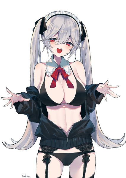 Anime picture 700x989 with original mimelond single long hair tall image looking at viewer fringe breasts open mouth light erotic simple background hair between eyes red eyes large breasts white background twintails signed payot cleavage silver hair
