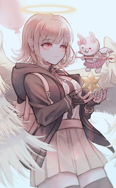 Anime picture 1748x2828 with dangan ronpa super dangan ronpa 2 nanami chiaki monomi wny (wnys art) single tall image blush highres short hair simple background white background looking away pink hair long sleeves pleated skirt pink eyes light smile arms up angel wings