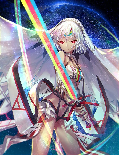 Anime picture 800x1040 with fate (series) fate/grand order fate/extra fate/extella altera (fate) shionty single tall image looking at viewer fringe short hair light erotic hair between eyes red eyes standing white hair dark skin fighting stance bodypaint girl