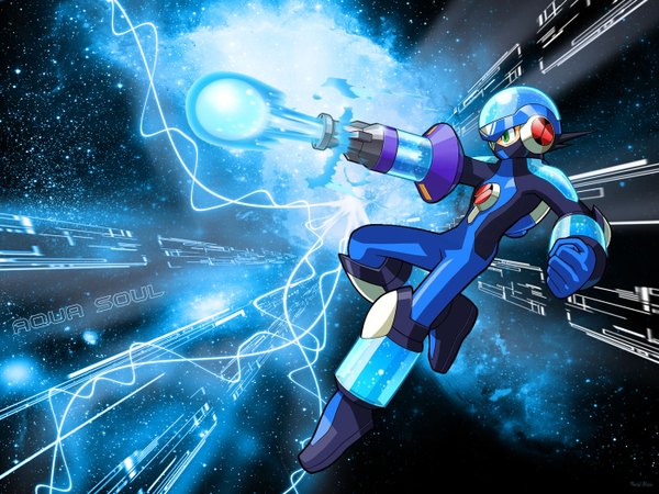 Anime picture 1400x1050 with rockman rockman exe capcom tagme (character) green eyes space shot boy water gun star (stars) robot
