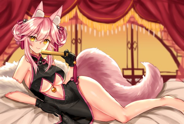 Anime picture 4369x2952 with fate (series) fate/grand order tamamo (fate) (all) koyanskaya naonaoko single long hair looking at viewer blush fringe highres breasts light erotic smile hair between eyes large breasts bare shoulders holding animal ears yellow eyes
