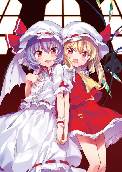 Anime picture 896x1264 with touhou flandre scarlet remilia scarlet sawayaka samehada tall image looking at viewer blush fringe short hair open mouth blonde hair red eyes standing multiple girls purple hair from below holding hands siblings interlocked fingers sisters