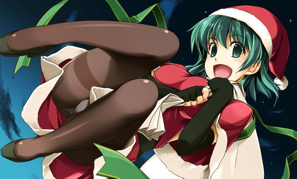 Anime picture 1205x731 with original shikei single long hair looking at viewer blush open mouth light erotic wide image holding green eyes sky bent knee (knees) green hair night pantyshot christmas midair girl gloves