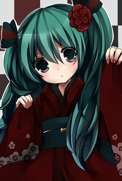 Anime picture 1181x1748 with vocaloid hatsune miku ai 1003 single tall image looking at viewer twintails very long hair japanese clothes aqua eyes aqua hair girl hair ornament kimono