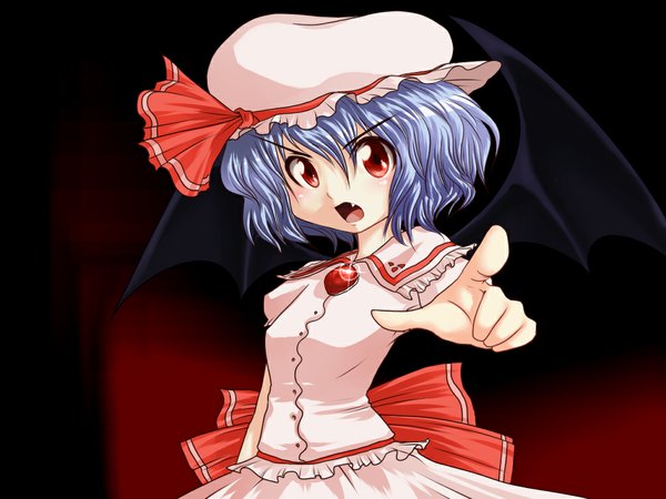 Anime picture 1024x768 with touhou remilia scarlet harusame short hair red eyes blue hair teeth fang (fangs) bat wings pointing girl ribbon (ribbons) wings jewelry bonnet