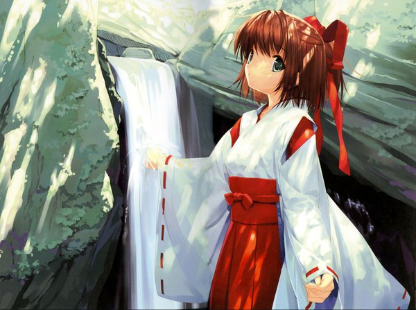 Anime picture 2200x1641 with miko mai misaka natsuki ueda ryou single looking at viewer highres short hair brown hair traditional clothes parted lips japanese clothes scan wide sleeves grey eyes miko rock waterfall girl water