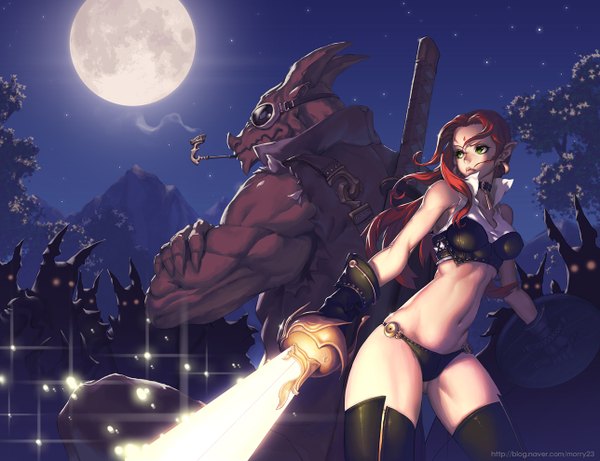 Anime picture 1288x990 with original morry long hair light erotic green eyes looking away red hair night smoke crossed arms mountain muscle girl gloves underwear panties weapon earrings animal sword
