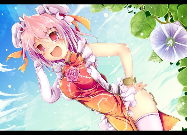 Anime picture 1748x1264 with touhou ibaraki kasen ichirino minagi single blush highres short hair open mouth light erotic looking away pink hair sky cloud (clouds) pink eyes hand on hip lens flare chinese clothes letterboxed girl thighhighs