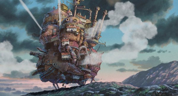 Anime picture 1400x757 with howl's moving castle studio ghibli wide image sky cloud (clouds) smoke mechanical castle