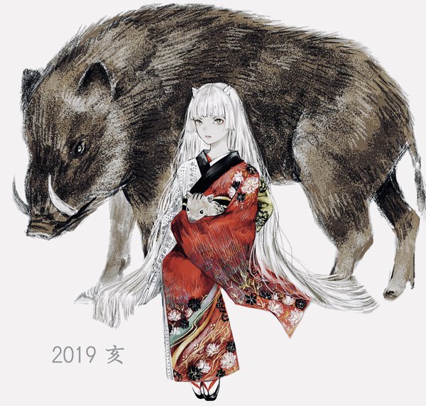 Anime picture 2042x1950 with original shirone (coxo ii) single looking at viewer highres simple background white background sitting holding payot full body bent knee (knees) white hair long sleeves very long hair traditional clothes parted lips japanese clothes grey eyes floral print