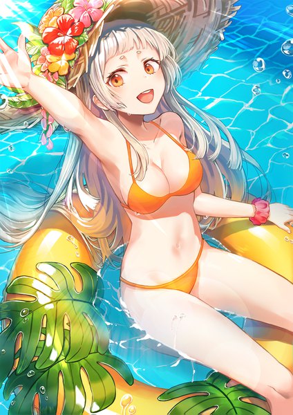 Anime picture 1000x1415 with original rangu single long hair tall image looking at viewer blush breasts open mouth light erotic smile large breasts silver hair :d arm up from above sunlight armpit (armpits) wet orange eyes