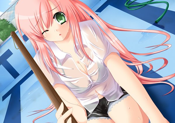Anime picture 1000x707 with original sendou hachi long hair light erotic green eyes pink hair one eye closed wink wet clothes girl skirt miniskirt shirt