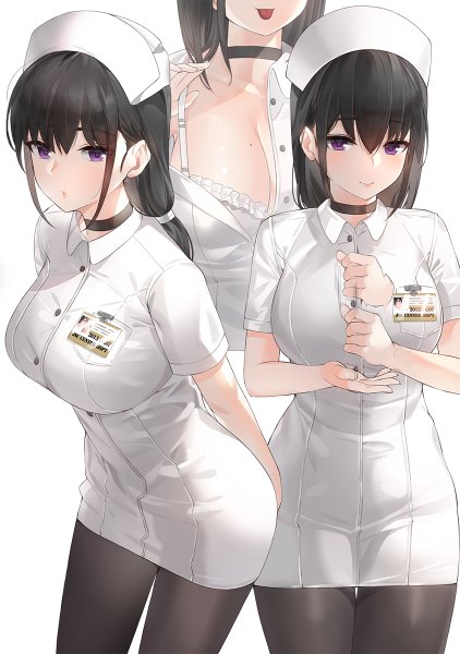 Anime picture 844x1200 with original kfr long hair tall image looking at viewer blush fringe breasts light erotic black hair hair between eyes large breasts purple eyes payot low ponytail hands behind back multiview nurse girl uniform