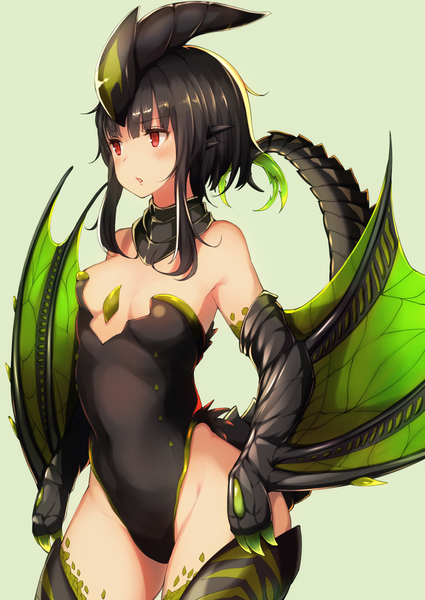 Anime picture 850x1200 with monster hunter astalos tobimura single tall image fringe short hair breasts light erotic black hair simple background red eyes payot blunt bangs green background dragon girl dragon tail girl wings boots
