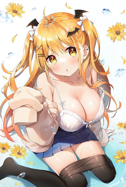 Anime picture 1000x1485 with virtual youtuber hololive yozora mel ayami (annahibi) single long hair tall image looking at viewer blush fringe breasts open mouth light erotic blonde hair large breasts sitting yellow eyes cleavage ahoge long sleeves
