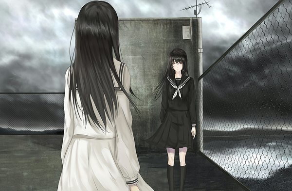 Anime picture 1181x776 with original inneanis long hair black hair multiple girls brown eyes girl skirt uniform 2 girls socks serafuku black socks fence