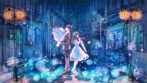 Anime picture 2500x1405 with original ruru (tsuitta) long hair highres short hair black hair wide image eyes closed blue background rain back to back street closed umbrella girl dress boy flower (flowers) white dress umbrella bouquet