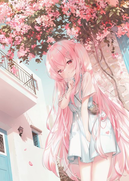 Anime picture 1068x1500 with original ruby (chen bin) chen bin single tall image looking at viewer blush fringe hair between eyes pink hair outdoors blunt bangs very long hair pink eyes from below one side up cherry blossoms finger to mouth girl dress
